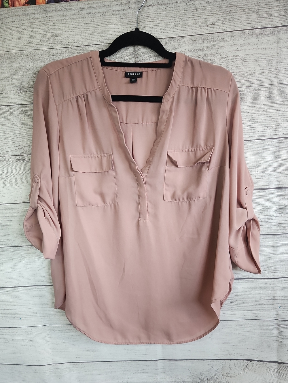 torrid Rose Taupe Split V-Neck Roll Sleeve Blouse